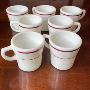 Pyrex 709 Brown Maroon Stripe Band Coffee Tea Cups Mugs Vintage